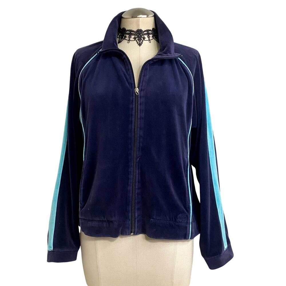 Vtg Y2K Blue Velvet High Collar Preppy Coquette‎ Track Zip Up Sweater Sport Sz L